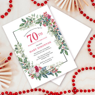 Red White Rose Floral Holly 70th Birthday Party Invitation