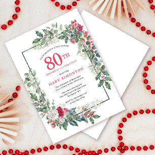 Red White Rose Floral Holly 80th Birthday Party Invitation