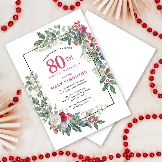 Red White Rose Floral Holly 80th Birthday Party Invitation (Do you need a matching welcome sign? Message me!)