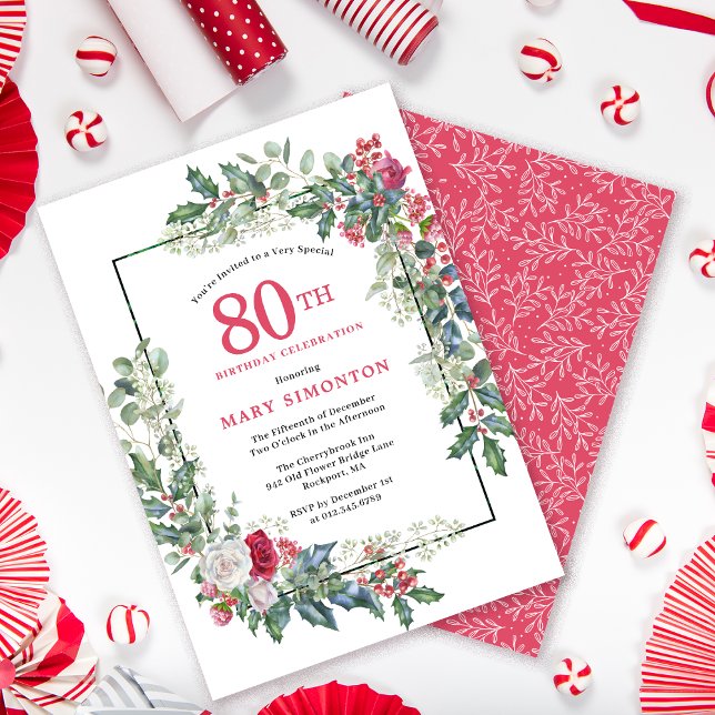Red White Rose Floral Holly 80th Birthday Party Invitation (Need a matching welcome sign? Message me!)