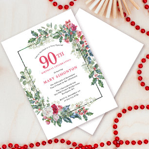 Red White Rose Floral Holly 90th Birthday Party Invitation