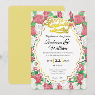 Red & White Rose Wedding Invite - Gold Lettering 1