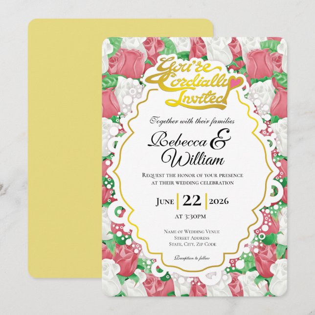 Red & White Rose Wedding Invite - Gold Lettering 2 (Front/Back)