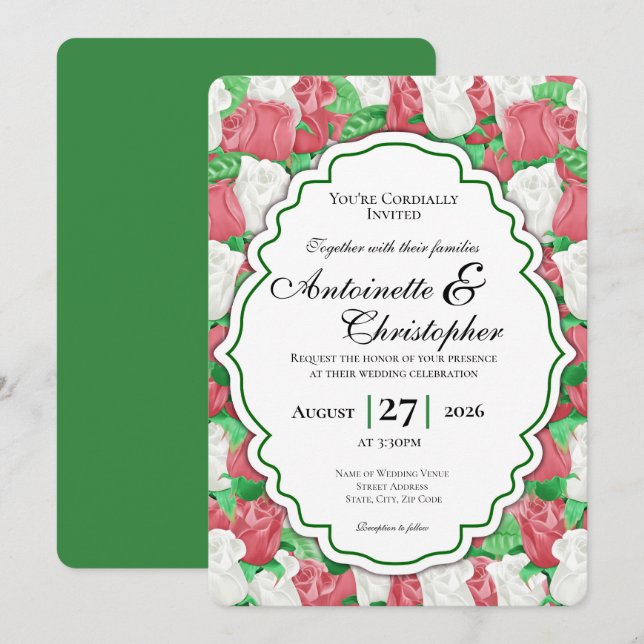 Red & White Rose Wedding Invite - Green Border (Front/Back)