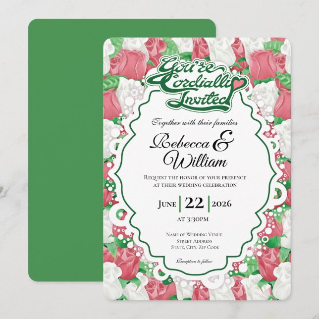 Red & White Rose Wedding Invite - Green Letters 1 (Front/Back)