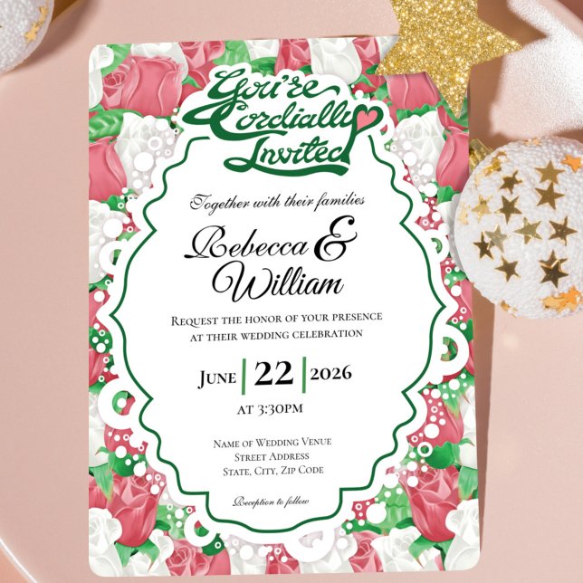 Red & White Rose Wedding Invite - Green Letters 2 (Red and White rose background with decorative border wedding invite design with green heading)