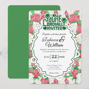 Red & White Rose Wedding Invite - Green Letters 3