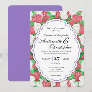 Red & White Rose Wedding Invite - Purple Border