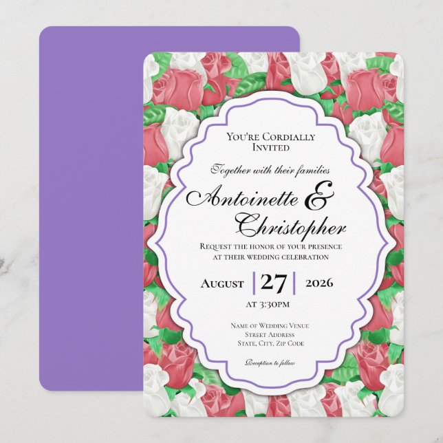 Red & White Rose Wedding Invite - Purple Border (Front/Back)