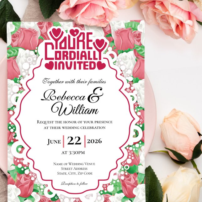 Red & White Rose Wedding Invite - Red Heading #4 (Red and White rose background with decorative border wedding invite design with red heading)