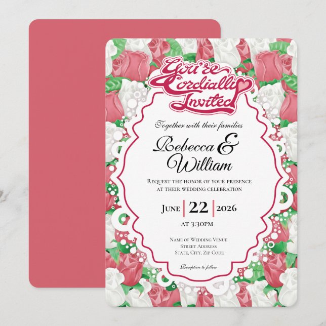 Red & White Rose Wedding Invite - Red Lettering 1 (Front/Back)