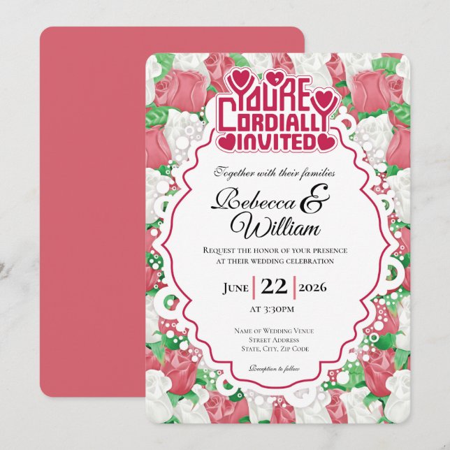 Red & White Rose Wedding Invite - Red Lettering 3 (Front/Back)