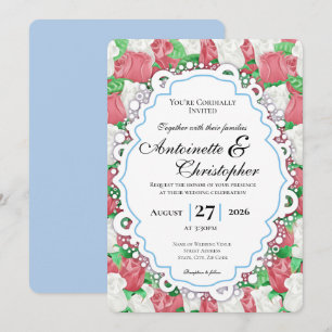 Red & White Rose Wedding Invite with Blue Border