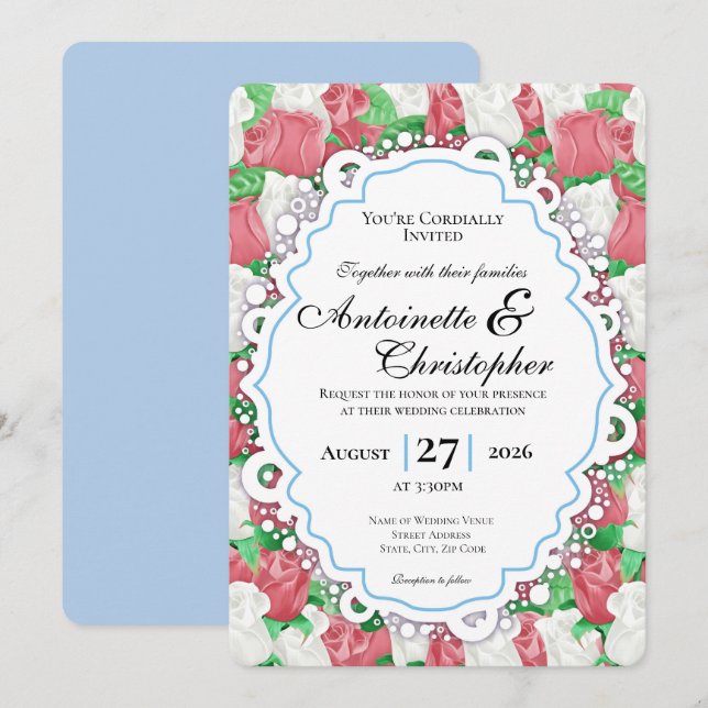 Red & White Rose Wedding Invite with Blue Border (Front/Back)