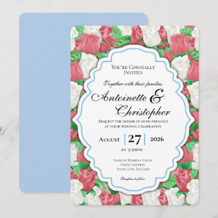 Red & White Rose Wedding Invite with Blue Border