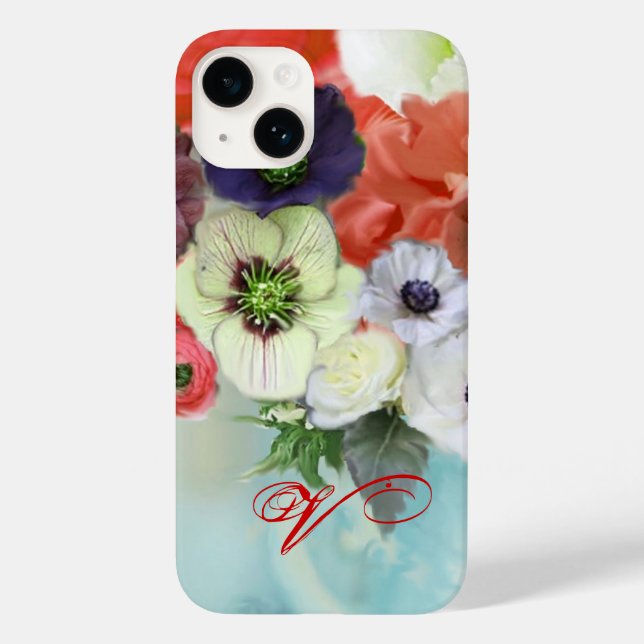 RED WHITE ROSES AND ANEMONE FLOWERS MONOGRAM Case-Mate iPhone CASE (Back)