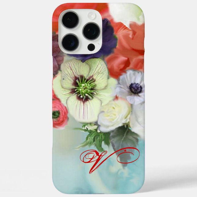 RED WHITE ROSES AND ANEMONE FLOWERS MONOGRAM Case-Mate iPhone CASE (Back)