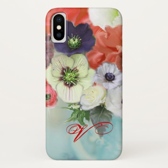 RED WHITE ROSES AND ANEMONE FLOWERS MONOGRAM Case-Mate iPhone CASE (Back)