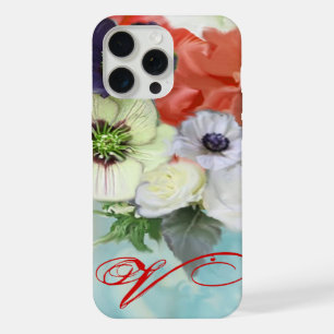RED WHITE ROSES AND ANEMONE FLOWERS MONOGRAM iPhone CASE