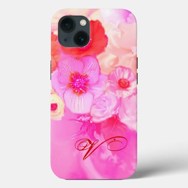 RED WHITE ROSES AND PINK ANEMONE FLOWERS MONOGRAM Case-Mate iPhone CASE (Back)