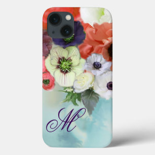 RED WHITE  ROSES, BLUE ANEMONE FLOWERS MONOGRAM iPhone 13 CASE