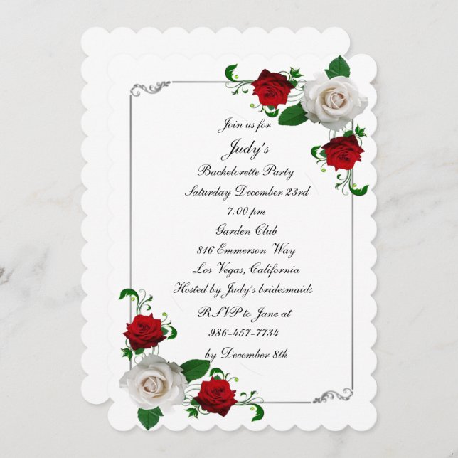Red & White Roses Christmas Bachelorette Party Invitation (Front/Back)