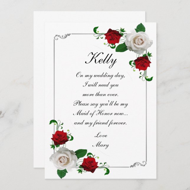 Red & White Roses Christmas Wedding  Maid Of Honou Invitation (Front/Back)