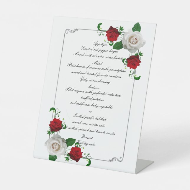 Red & White Roses Christmas Wedding Menu Pedestal Sign (Front)
