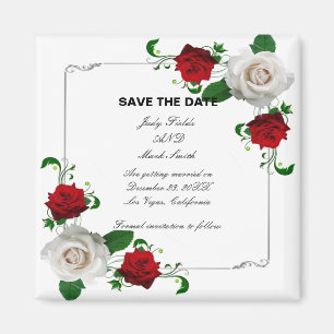 Red & White Roses Christmas Wedding Save The Date Magnet