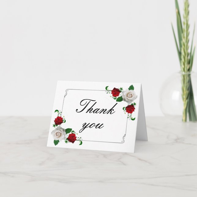 Red & White Roses Christmas Wedding Thank You Card (Front)