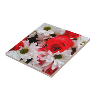 Red-White-Roses-Daisies-Bouquet-CERAMIC TILE