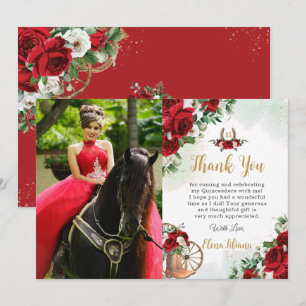 Red White Roses Floral Boots Charro Quinceañera Thank You Card