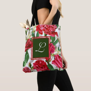 Red White Roses Floral Flowers Monogram Custom Tote Bag
