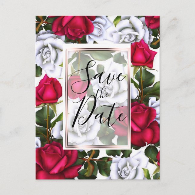 Red & White Roses Shabby Chic Glam Save the Date Announcement Postcard (Front)