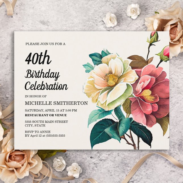Red White Roses Women's 40th Birthday Invitation Postcard (Creator Uploaded)