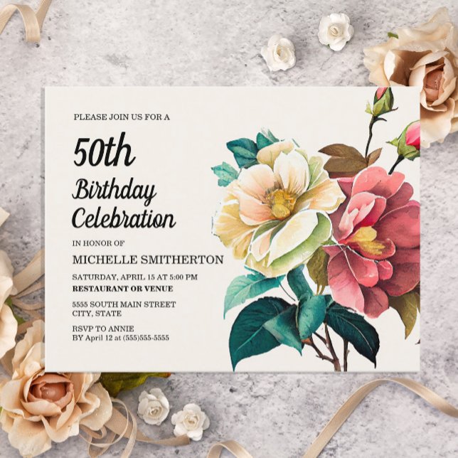 Red White Roses Women's 50th Birthday Invitation Postcard (Creator Uploaded)