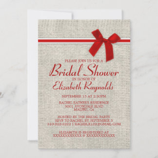 Red White Rustic Burlap Bridal Shower Invitations