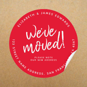 Red White Rustic Script We've Moved New Address Classic Round Sticker