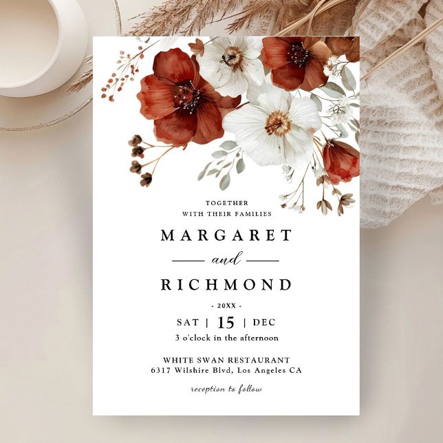 Red & White Rustic Watercolor Floral Wedding Invitation (Creator Uploaded)