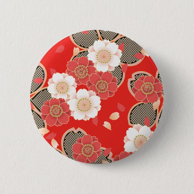 Red & White Sakura Japanese Kimono 6 Cm Round Badge (Front)
