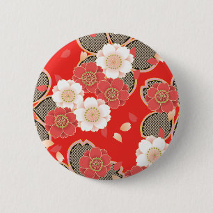 Red & White Sakura Japanese Kimono 6 Cm Round Badge