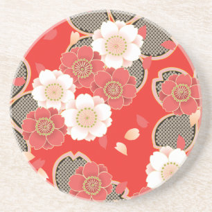 Red & White Sakura Japanese Kimono Coaster