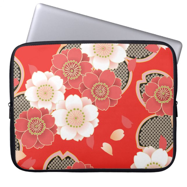 Red & White Sakura Japanese Kimono Laptop Sleeve (Front)