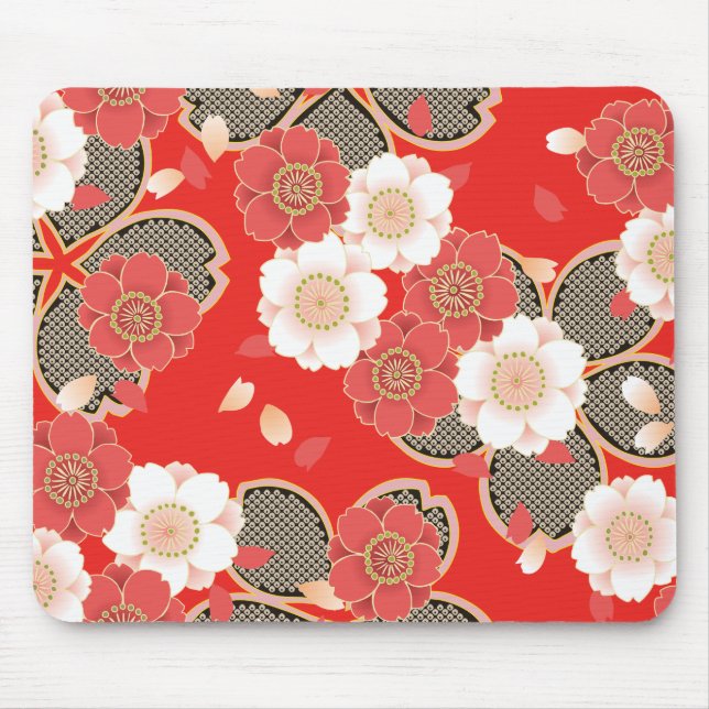 Red & White Sakura Japanese Kimono Mouse Pad (Front)
