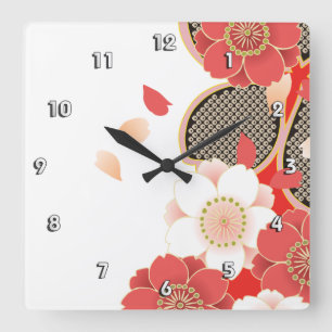 Red & White Sakura Japanese Kimono Square Wall Clock