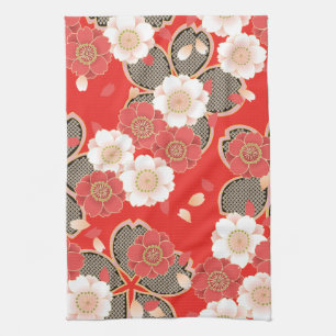 Red & White Sakura Japanese Kimono Tea Towel