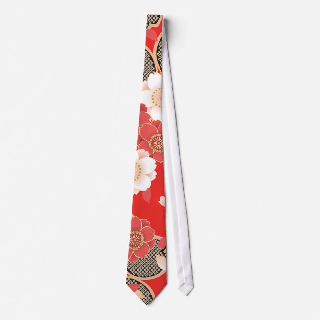 Red & White Sakura Japanese Kimono Tie (Front)