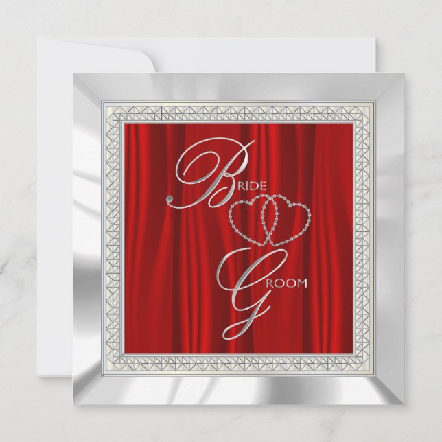 Red, White Satin and Silver Wedding Invitation (Back)