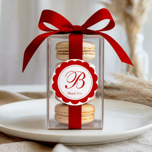 Red White Scalloped Circle Monogram Thank you Classic Round Sticker