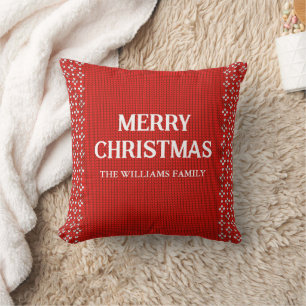 Red White Scandinavian Knitted Merry Christmas Cushion